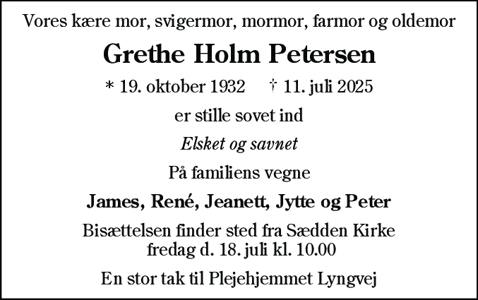 Dødsannonce for Grethe Holm Petersen