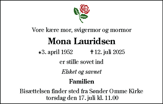 Dødsannonce for Mona Lauridsen