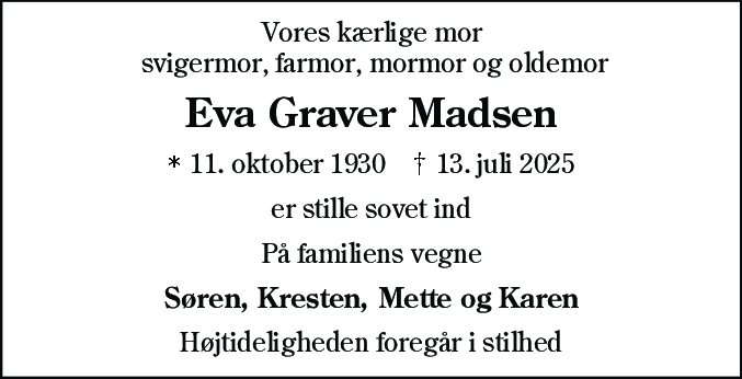 Dødsannonce for Eva Graver Madsen