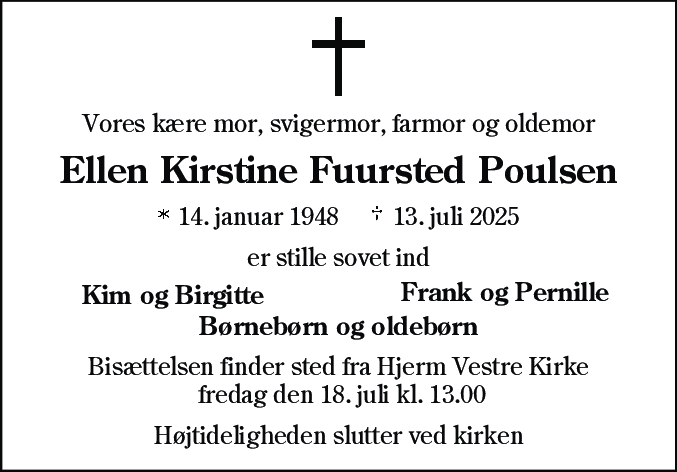 Dødsannonce for Ellen Kirstine Fuursted Poulsen