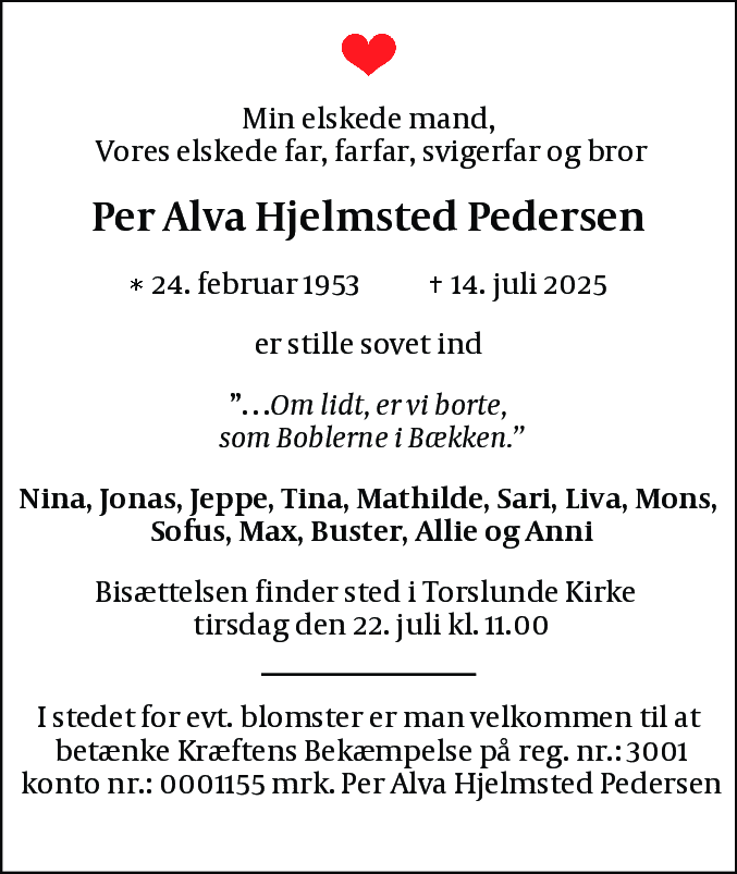 Dødsannonce for Per Alva Hjelmsted Pedersen