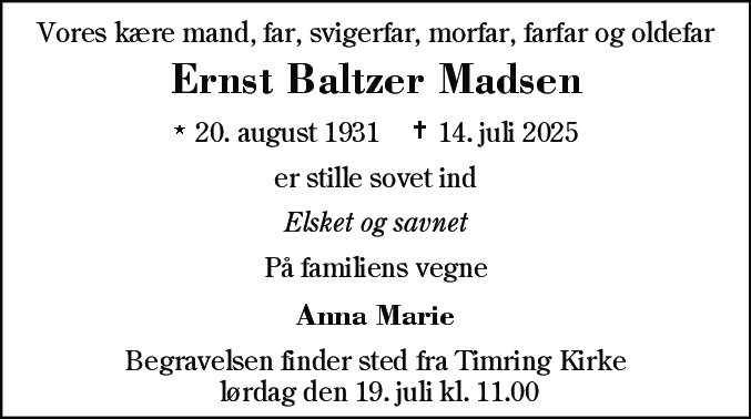 Dødsannonce for Ernst Baltzer Madsen