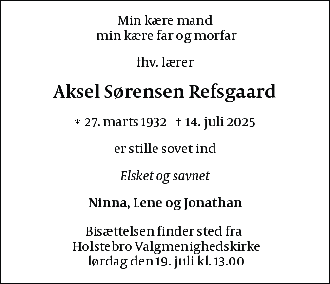 Dødsannonce for Aksel Sørensen Refsgaard