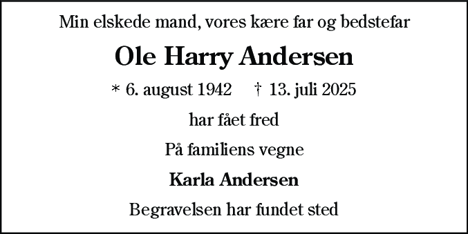 Dødsannonce for Ole Harry Andersen