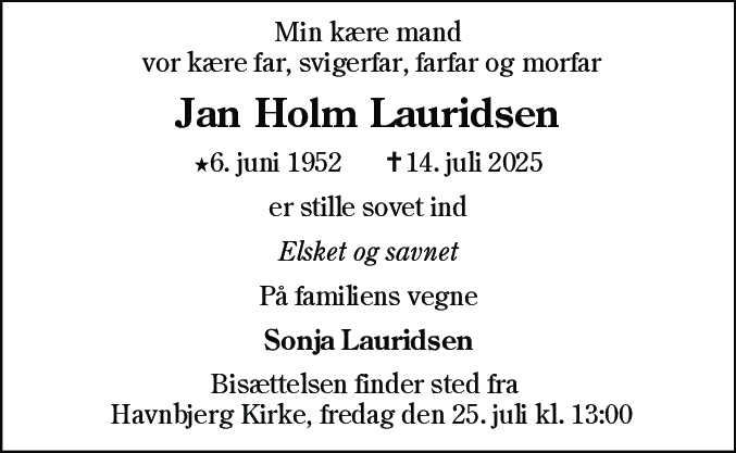 Dødsannonce for Jan Holm Lauridsen