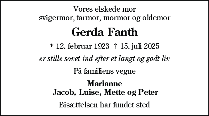 Dødsannonce for Gerda Fanth