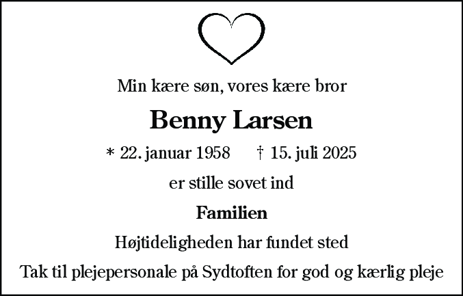 Dødsannonce for Benny Larsen