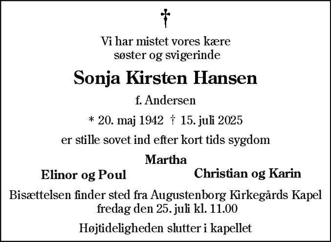 Dødsannonce for Sonja Kirsten Hansen