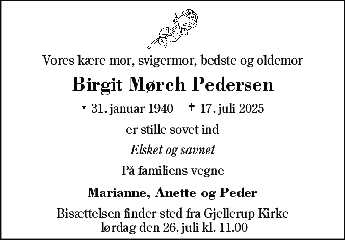 Dødsannonce for Birgit Pedersen