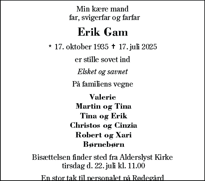 Dødsannonce for Erik Gam