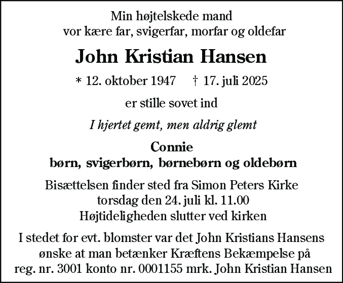 Dødsannonce for John Kristian Hansen