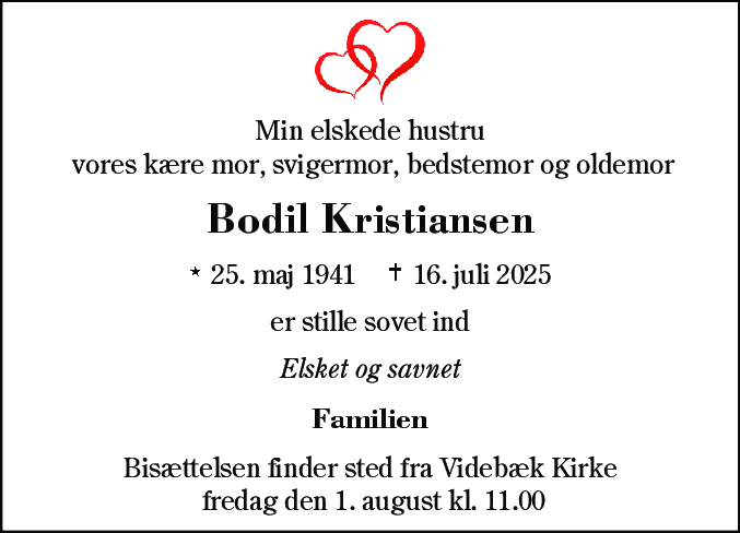 Dødsannonce for Bodil Kristiansen