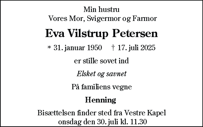 Dødsannonce for Eva Vilstrup Petersen
