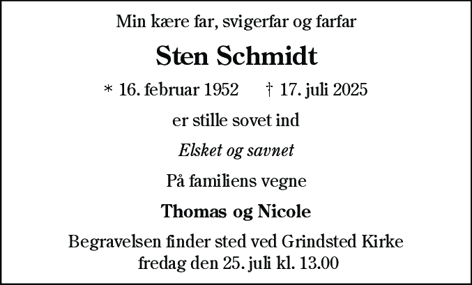Dødsannonce for Sten Schmidt