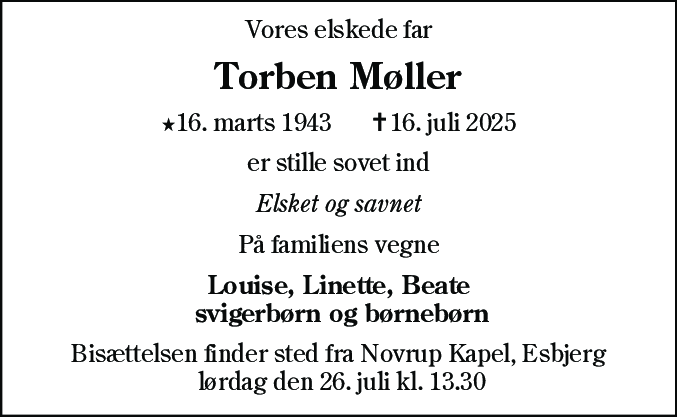 Dødsannonce for Torben Møller