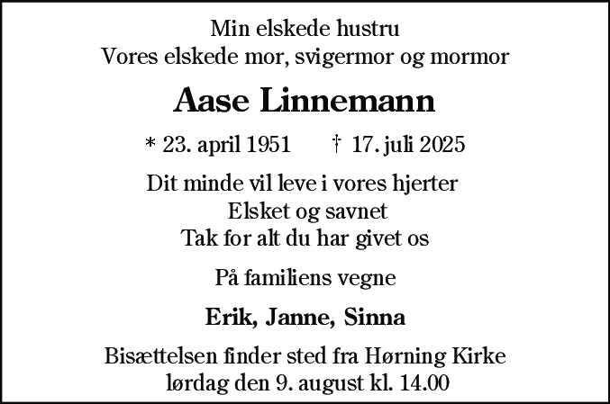 Dødsannonce for Aase Linnemann