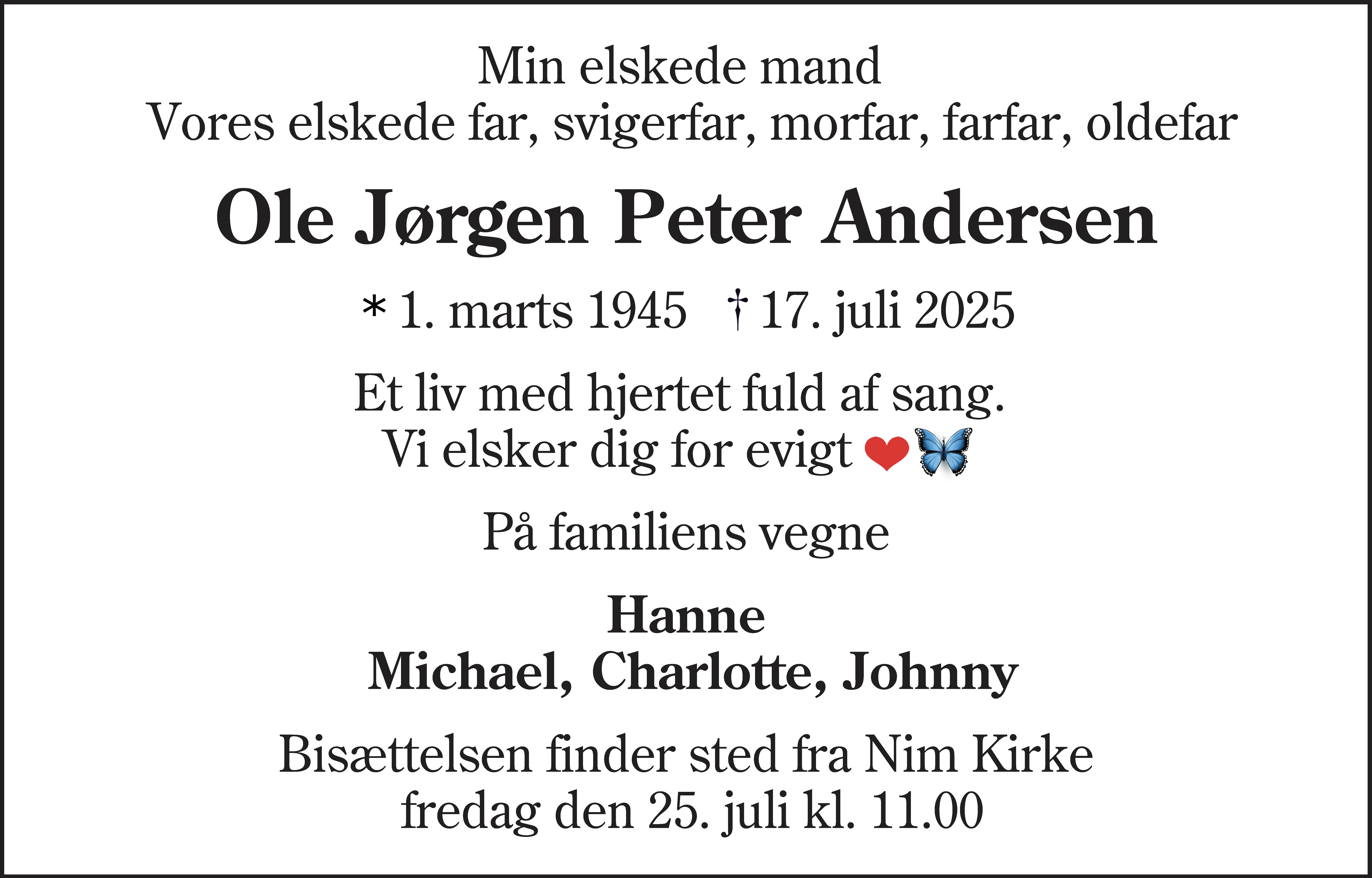 Dødsannonce for Ole Jørgen Peter Andersen