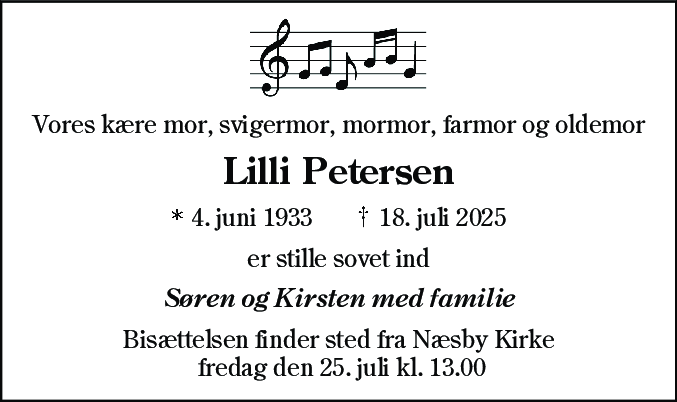Dødsannonce for Lilli Petersen