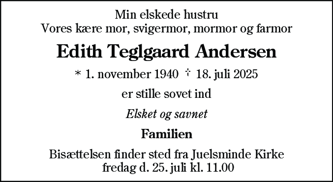 Dødsannonce for Edith Teglgaard Andersen