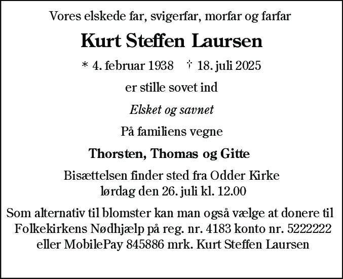 Dødsannonce for Kurt Steffen Laursen