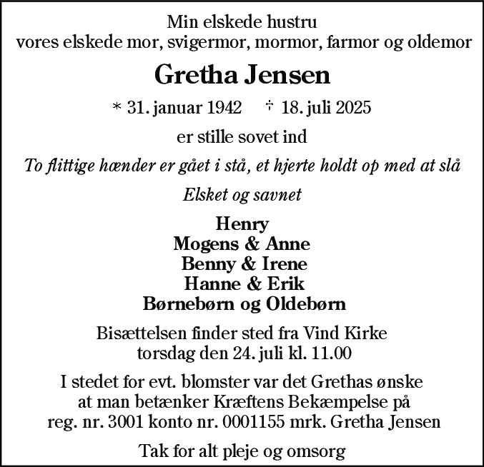 Dødsannonce for Gretha Jensen