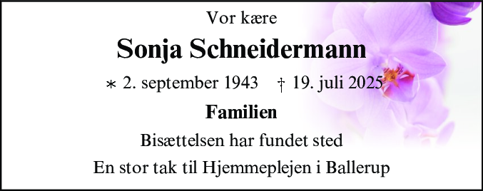 Dødsannonce for Sonja Schneidermann