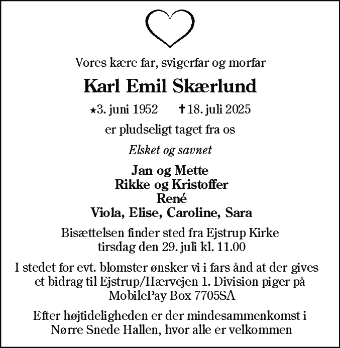 Dødsannonce for Karl Emil Skærlund