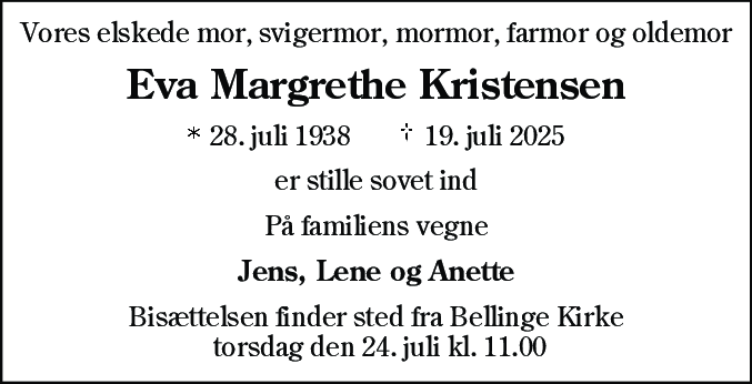 Dødsannonce for Eva Margrethe Kristensen