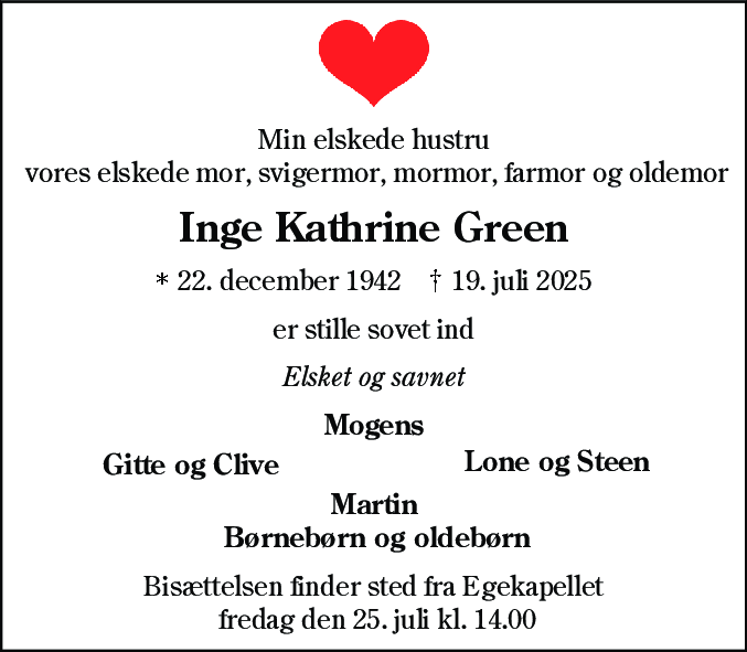Dødsannonce for Inge Kathrine Green