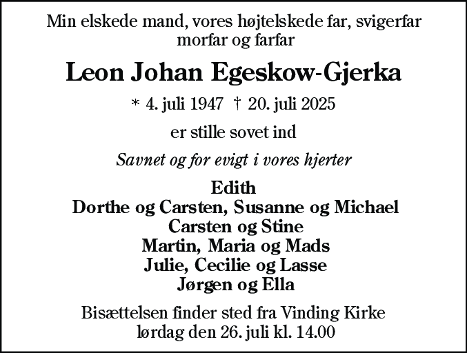 Dødsannonce for Leon Johan Egeskow-Gjerka