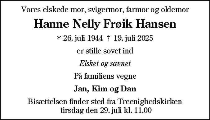 Dødsannonce for Hanne Nelly Frøik Hansen