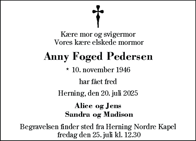 Dødsannonce for Anny Foged Pedersen