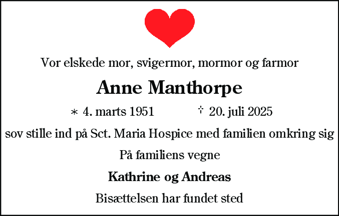 Dødsannonce for Anne Manthorpe