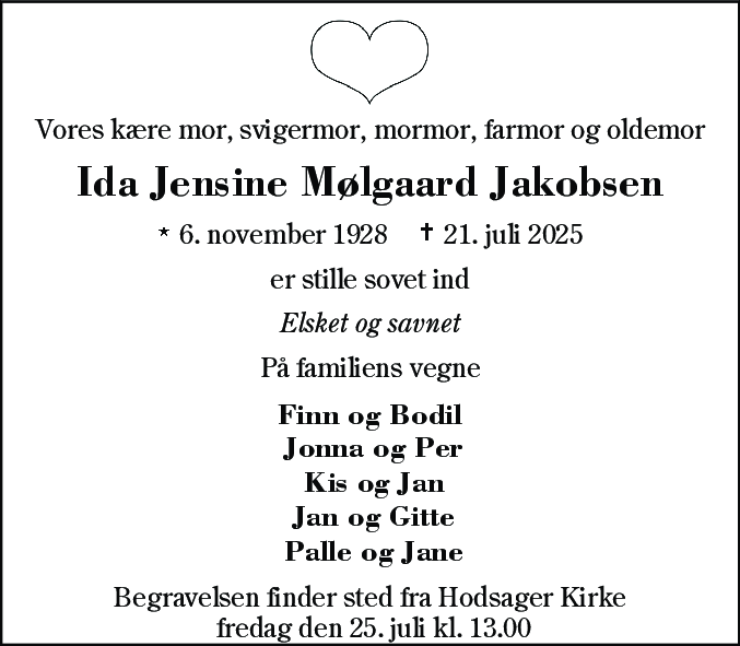 Dødsannonce for Ida Jensine Mølgaard Jakobsen