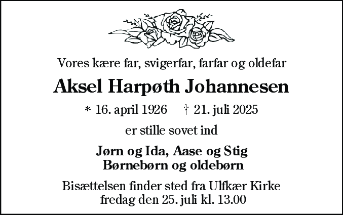 Dødsannonce for Aksel Harpøth Johannesen