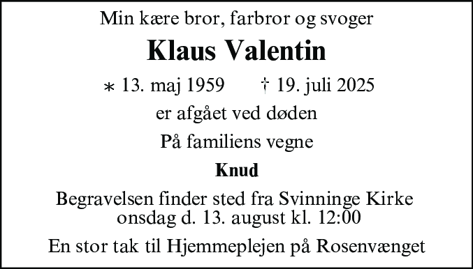 Dødsannonce for Klaus Valentin