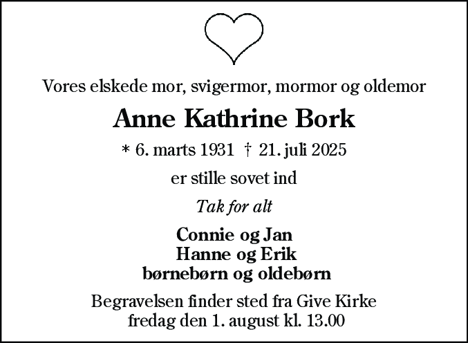 Dødsannonce for Anne Kathrine Bork
