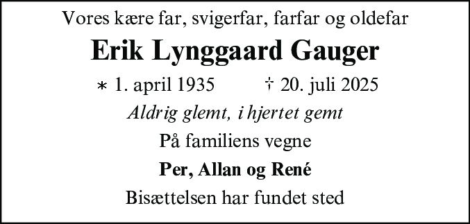 Dødsannonce for Erik Lynggaard Gauger