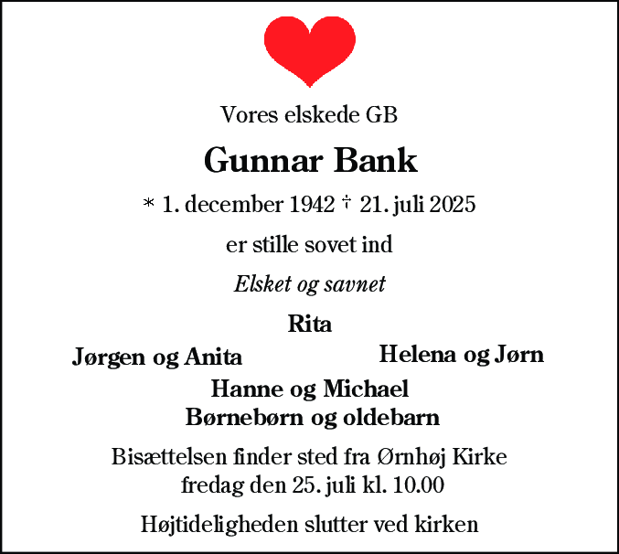 Dødsannonce for Gunnar Bank