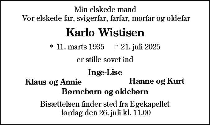 Dødsannonce for Karlo Wistisen