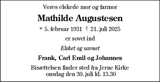 Dødsannonce for Mathilde Augustesen