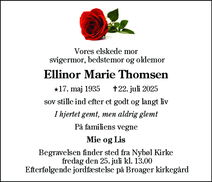 Dødsannonce for Ellinor Marie Thomsen