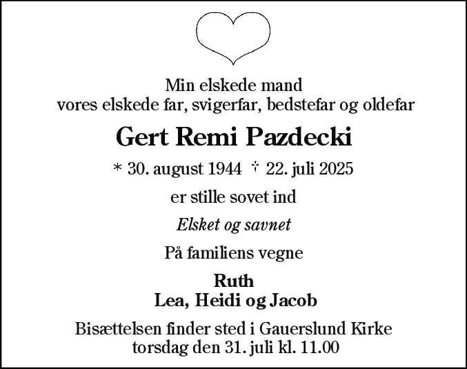 Dødsannonce for Gert Remi Pazdecki