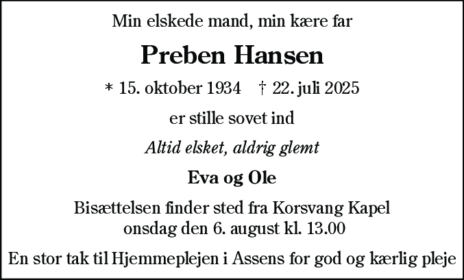 Dødsannonce for Preben Christian Hansen