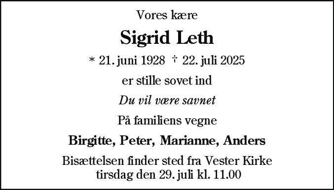 Dødsannonce for Sigrid Leth