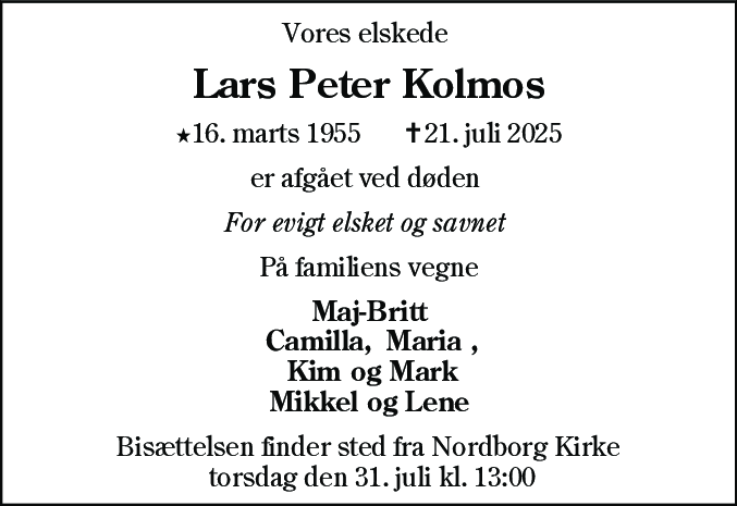 Dødsannonce for Lars Peter Kolmos