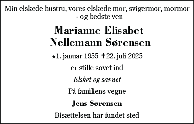 Dødsannonce for Marianne Elisabet Nellemann Sørensen