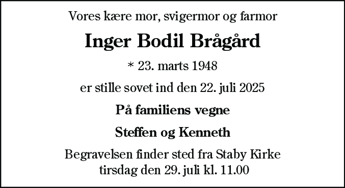 Dødsannonce for Inger Bodil Brågård