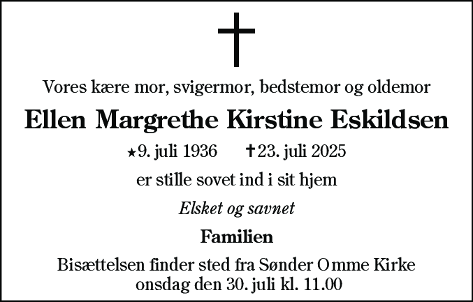 Dødsannonce for Ellen Margrethe Kirstine Eskildsen