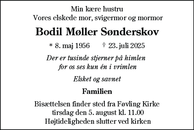 Dødsannonce for Bodil Møller Sønderskov